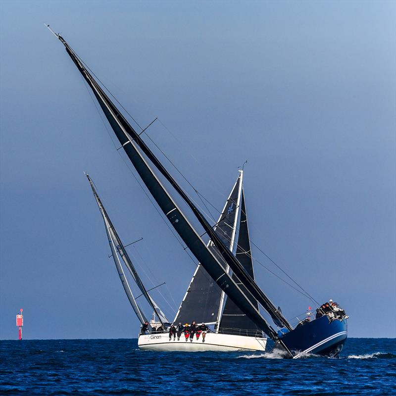 AMS and overall DYSC race 1 winner, Ginan crossing paths with Salt - DYSC Marine Supplies Winter Series Wrap Up photo copyright Michael Currie taken at Ocean Racing Club of Victoria and featuring the IRC class