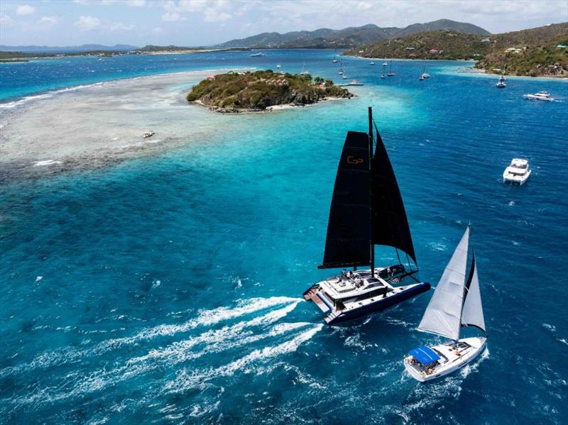 Gunboat 72 Layla in the Performance Multihull class at the finish of the Scrub Island Race photo copyright Alex Turnbull / Tidal Pulse Media taken at Royal BVI Yacht Club and featuring the IRC class