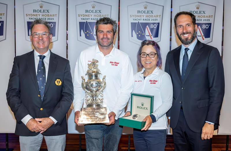 Dr Sam Haynes, Commodore of the CYCA; Alexis Loison and Jiang Lin co-skippers of the overall winning yacht Min River; Eduardo Maclean, Rolex Australia  photo copyright Kurt Arrigo taken at Cruising Yacht Club of Australia and featuring the IRC class