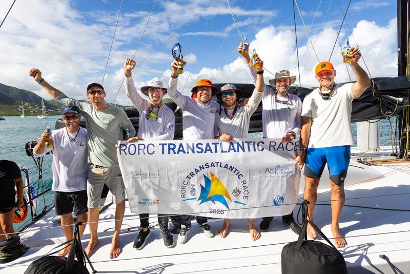 The jubilant crew of Palanad 4 after completing the race in 8 Days 5 Hrs 55 Mis 50 Secs - photo © Arthur Daniel / RORC