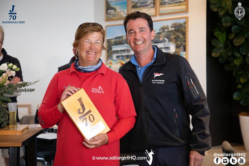 2021 J70 Australian Championships 4th Overall and Ladies Division winner Karyn Gojnich with Matt McCarthy, Vice Commodore BYS - photo © Nic Douglass / www.AdventuresofaSailorGirl.com