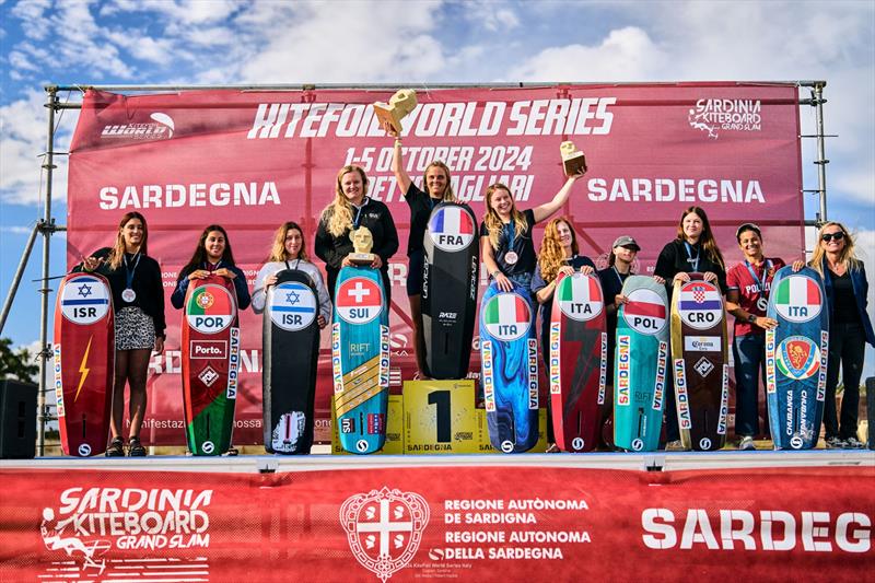 Kampman at the centre of the women's podium - 2024 KiteFoil World Series Sardinia - photo © IKA Media / Robert Hajduk