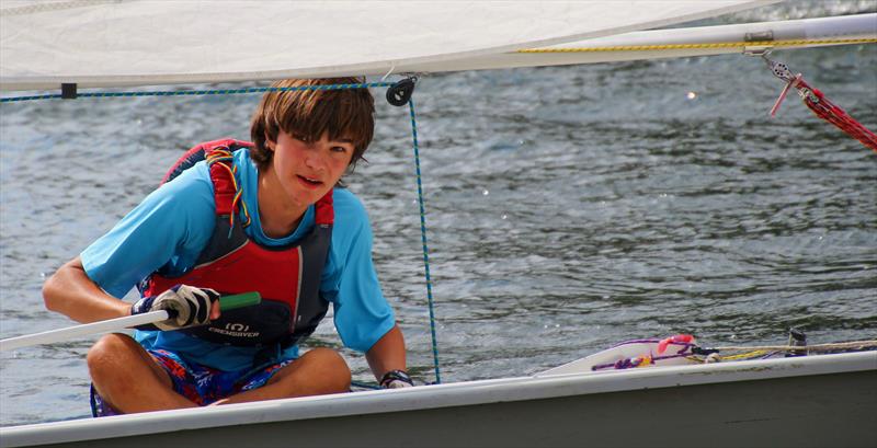 Henry Medcalf keeps an eye on the race box in the pre start to the second race on Saturday, which will be the second of his five wins at the Minima Regatta 2023 - photo © Rehanna Neky