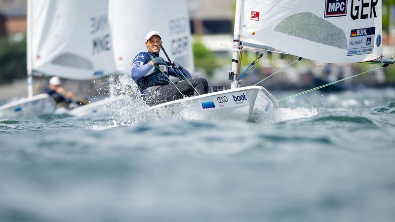 Philipp Buhl, enjoying some gloriously sunny and breeze conditions on day one of Kiel Week photo copyright Sascha Klahn taken at  and featuring the ILCA 7 class