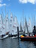 An on-water traffic jam on Saturday during Kieler Woche when five fleets are released to launch at once © Martin Pascoe