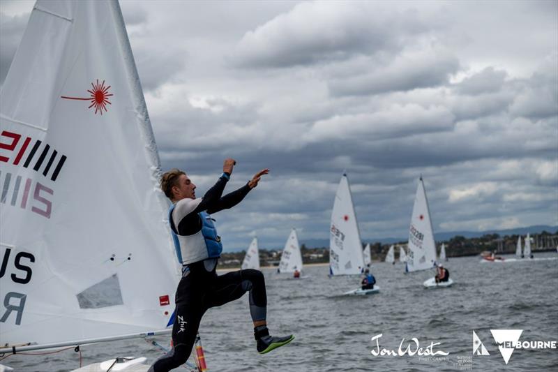 Men’s World Champion, Daniil Krutskikh jumps into Port Phillip Bay - Laser Radial World Championship 2020 - photo © Jon West Photography