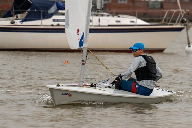 Corinthian Otter Nathan Flynn sits second overnight, after the first day of Burnham Week 2024 photo copyright Petru Balau Sports Photography / sports.hub47.com taken at Royal Corinthian Yacht Club, Burnham and featuring the ILCA 6 class