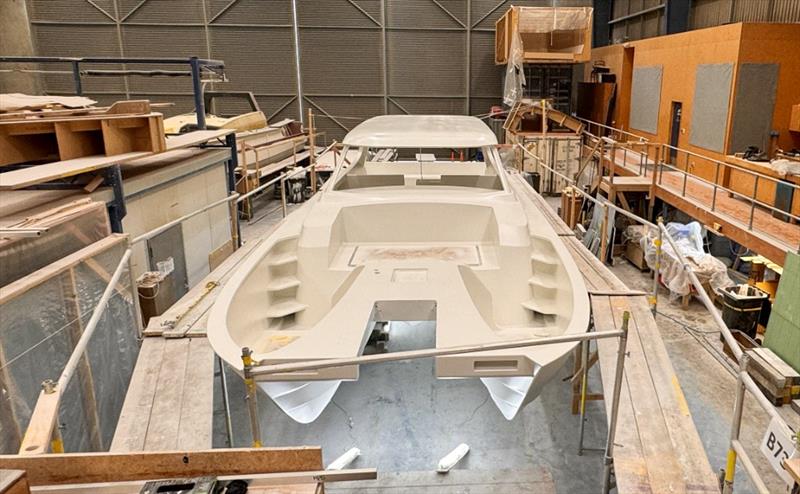  Cutout in bow showing the locarion of beach landing stairs. Foredeck doors still to be installed  - Catalyst GT -  Lloyd Stevenson Boatbuilders - June 2024 - photo © LSB