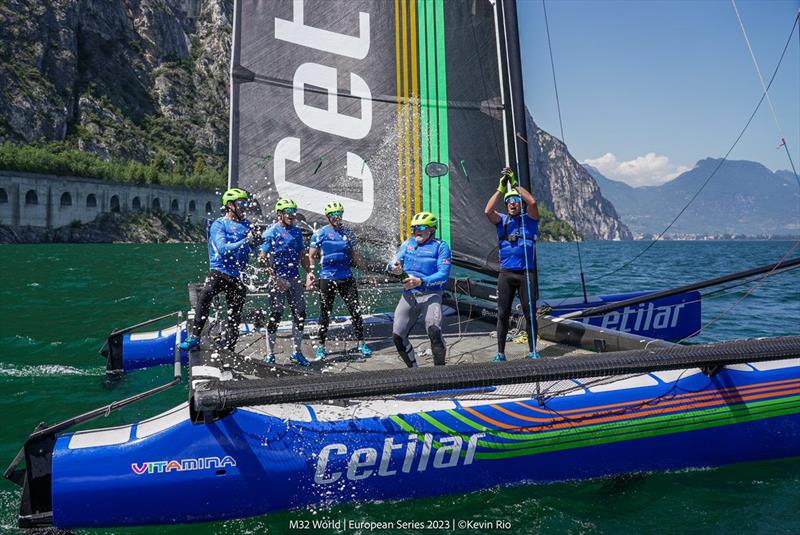 Vitamina Veloce Cetilar team (Andrea LaCorte, Adam Minoprio, Matteo De Luca, Stewart Dodson, Will Tiller) wins the M32 Europeans at Lake Garda photo copyright Kevin Rio taken at Fraglia Vela Riva and featuring the M32 class