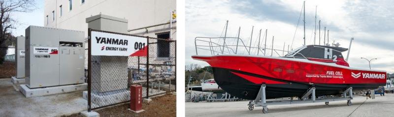 Left: A biogas generation system; right: Yanmar's hydrogen fuel cell test boat. - photo © Yanmar