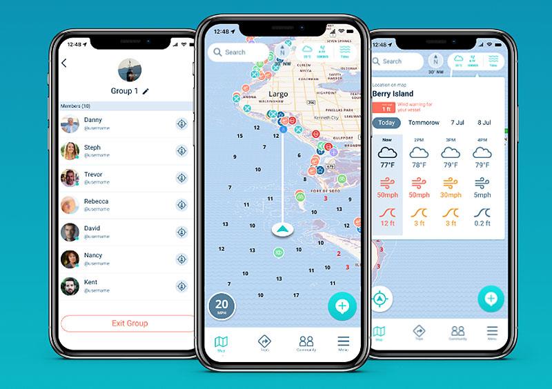 The Wavve Boating app makes navigating on the water simple and easy for all boaters. The community screen (left), The navigation screen (middle) and the live weather tracking screen (right) - photo © Wavve Boating