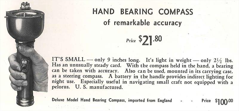 Advertisement for the Hand Bearing Compass from a Weems System of Navigation catalog, circa 1950s photo copyright Weems & Plath taken at  and featuring the Marine Industry class