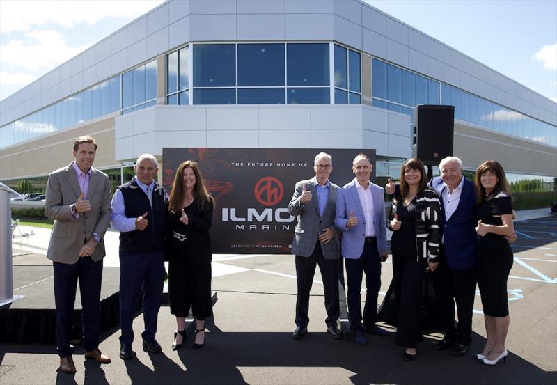 Paul Ray and Mike Lindberg of Ilmor Marine along with representatives from Penske Corporation, D'Agostini Companies, and Signature Associates in front of the new Ilmor Marine Technology and Manufacturing Center - photo © Ilmor Marine