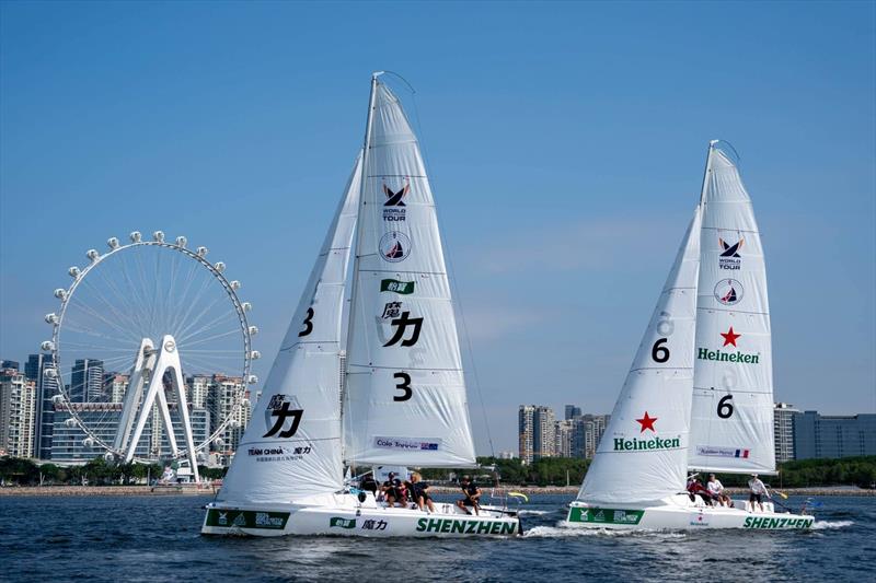 Left - Tapper (AUS) with crew Jordan Reece, Max Brennan, andHamish Vassand. Right - Pierroz (FRA) with crew Clément Michel, Sébastien Riot, Aurélien Barthelémy, and Lola Billn - photo © Ian Roman / WMRT