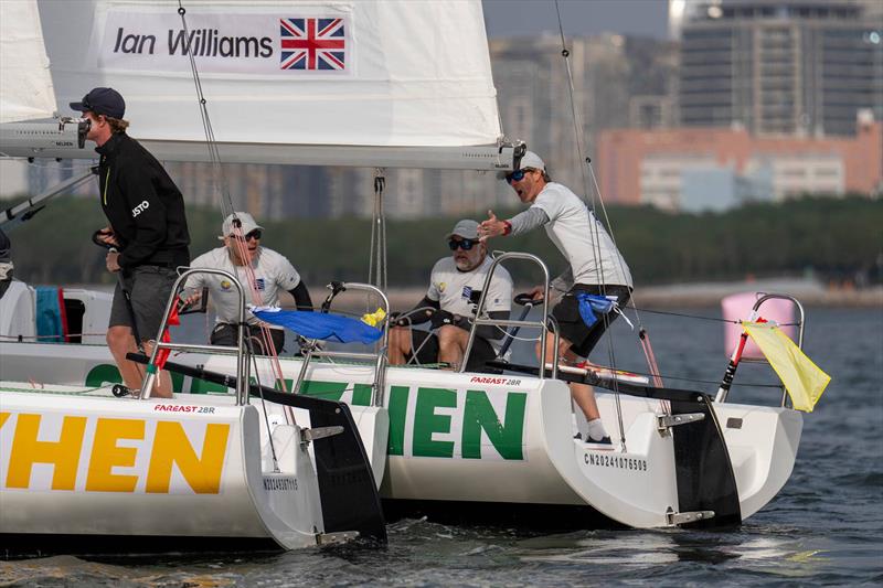 Left - Egnot-Johnson (NZL) KNOTS Racing with crew Jack Frewin, Zak Merton, and Chris Main. Right - Williams (GBR) Pindar by Manuport Logistics with crew Jon Gundersen, Richard Sydenham, and Gerry Mitchell World Match Racing Tour Shenzhen Bao'an Final 2024 - photo © Ian Roman / WMRT