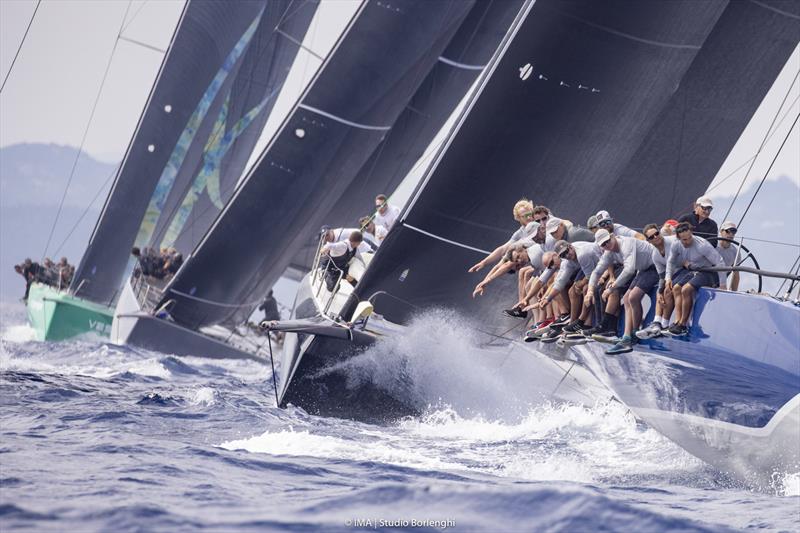 Proteus off to a great start in today's first windward-leeward race on day 4 of the Maxi Yacht Rolex Cup 2021 photo copyright IMA / Studio Borlenghi taken at Yacht Club Costa Smeralda and featuring the Maxi 72 Class class
