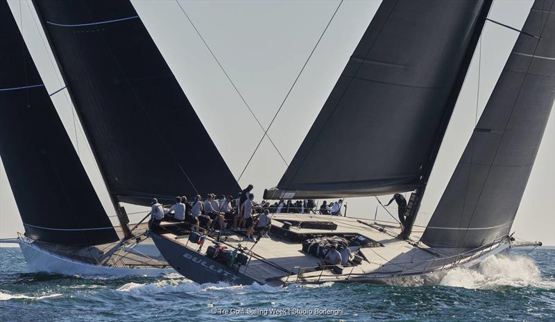 Chris Flowers' Galateia crosses ahead of Andrea Recordati's Wally 93 Bullitt - photo © Tre Golfi Sailing Week / Studio Borlenghi