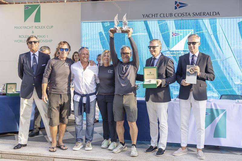 Aldo and Elena Parisotto with their prize for winning Maxi 3 - Rolex IMA Maxi 1 World Championship photo copyright IMA / Studio Borlenghi taken at Yacht Club Costa Smeralda and featuring the Maxi class