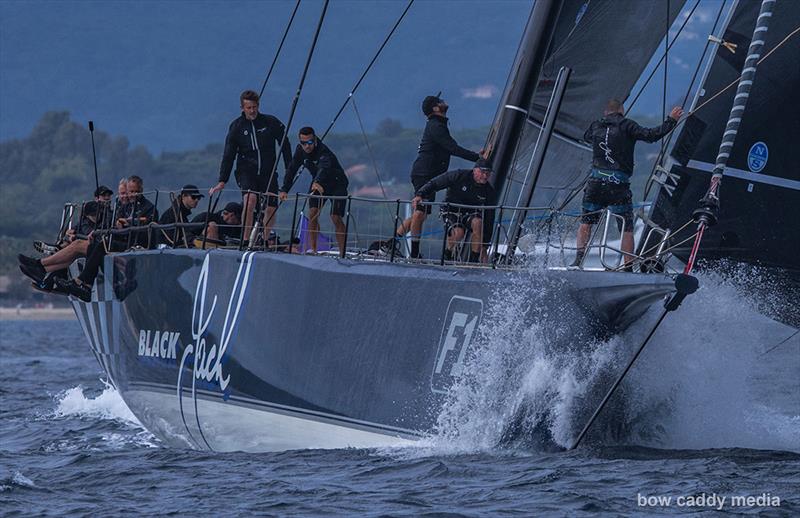 Black Jack leads the fleet at the top mark photo copyright Bow Caddy Media taken at Société Nautique de Saint-Tropez and featuring the Maxi class