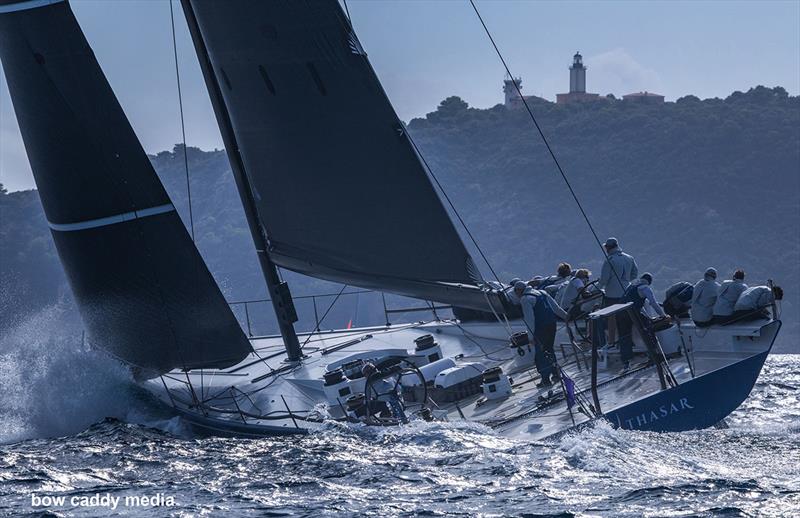 Balthasar closes the finish line photo copyright Bow Caddy Media taken at Société Nautique de Saint-Tropez and featuring the Maxi class