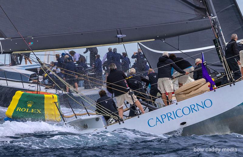 Capricorno follows Django HF round the bearaway mark photo copyright Bow Caddy Media taken at Société Nautique de Saint-Tropez and featuring the Maxi class