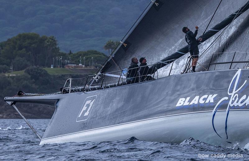 Checking the hoist on Black Jack photo copyright Bow Caddy Media taken at Société Nautique de Saint-Tropez and featuring the Maxi class