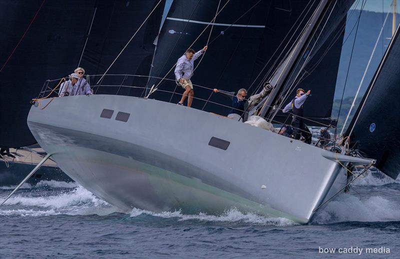 Action at the top mark photo copyright Bow Caddy Media taken at Société Nautique de Saint-Tropez and featuring the Maxi class