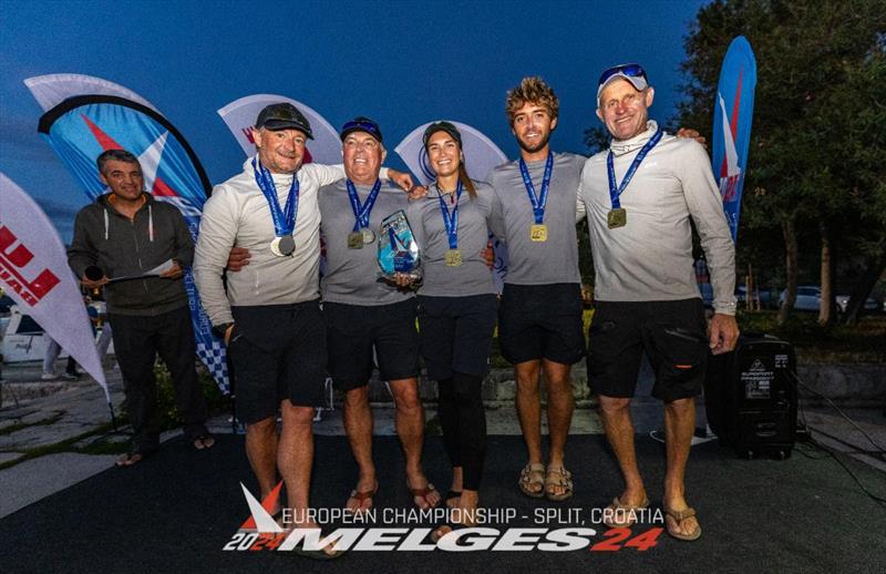 Miles Quinton's Zhik Race Team GBR694 with Geoff Carveth, Oliver Wells, Finn Dickinson and Sara Zuppin - 2024 Melges 24 European Championship - Split, Croatia photo copyright JK Split / IM24CA / Zerograddinord taken at Sailing Club Split and featuring the Melges 24 class