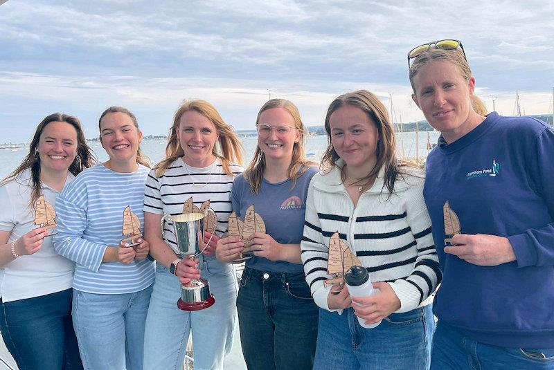 Merlin Rocket Women's Podium (L-R) Caroline Croft, Livvy Bell, Pippa Kilsby, Mary Henderson, Rebecca Videlo, Megan Pascoe - Merlin Rocket Women's Championship photo copyright Sally Wakefield taken at Parkstone Yacht Club and featuring the Merlin Rocket class