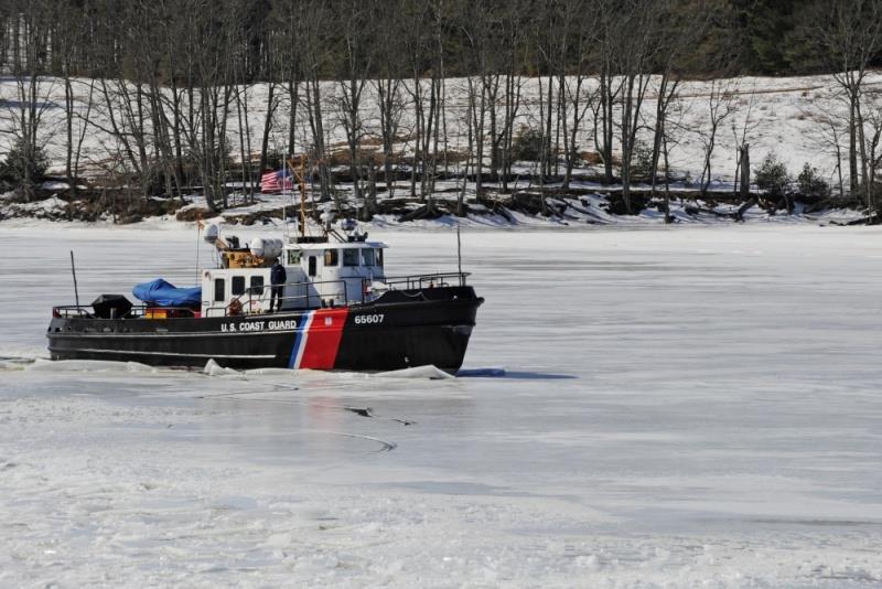 The crew of the Coast Guard Cutter Bridle breaks ice along the Kennebec River, in Gardiner, Maine, March 27, 2014. The Thunder Bay began icebreaking on the river to relieve flood potential as spring appears on the horizon photo copyright U.S. Coast Guard / Rob Simpson taken at 
