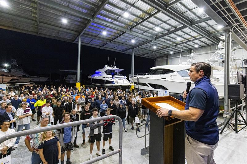 Riviera safety and training manager Adam Houlahan welcomes 330 students, parents, teachers, industry liaison officers and employment service providers to the Riviera facility photo copyright Riviera Australia taken at 