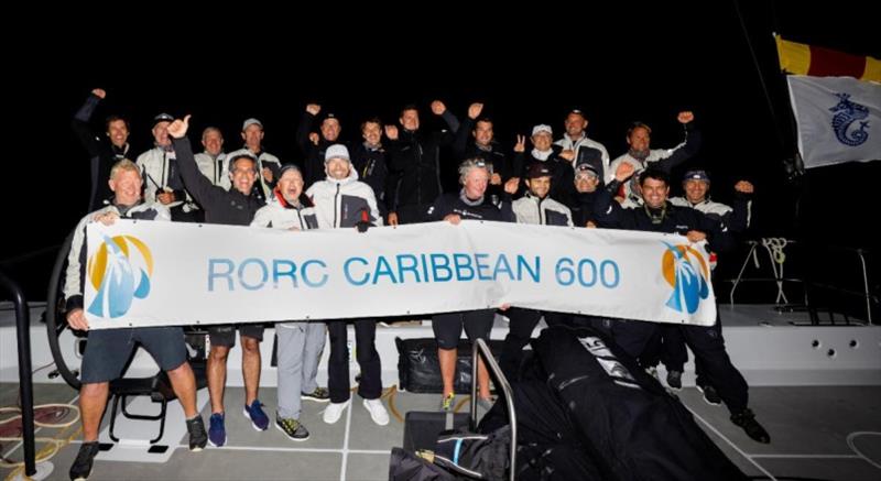 Celebrations on board for Team Skorpios after taking Monohull Line Honours photo copyright Arthur Daniel / RORC taken at Royal Ocean Racing Club