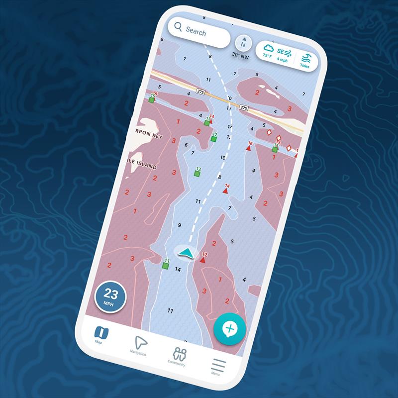 Graphic: Wavve Boating Navigation App - Boaters can easily see where NOT to go in red, with routing customized to the draft (depth into the water) of their boat as well as the current water conditions - photo © Wavve Boating