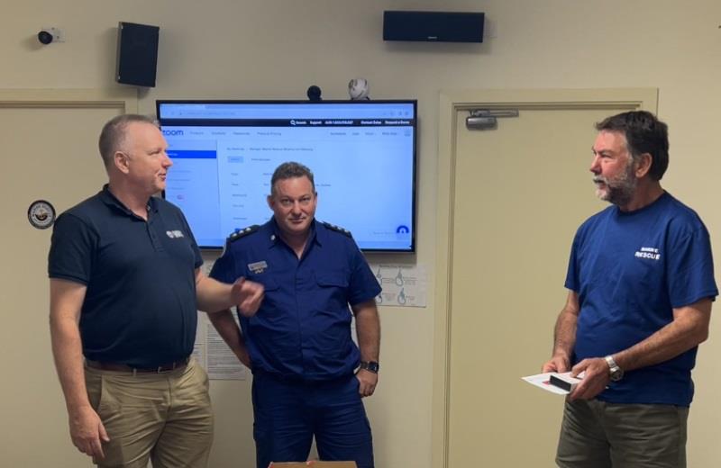 (L to R) Marine Rescue NSW Southern Zone Commander Mike Hammond, Marine Rescue Moama Unit Commander Luke Sharrock and Beresford Ralph during the 10-year service medal presentation - photo © Marine Rescue NSW