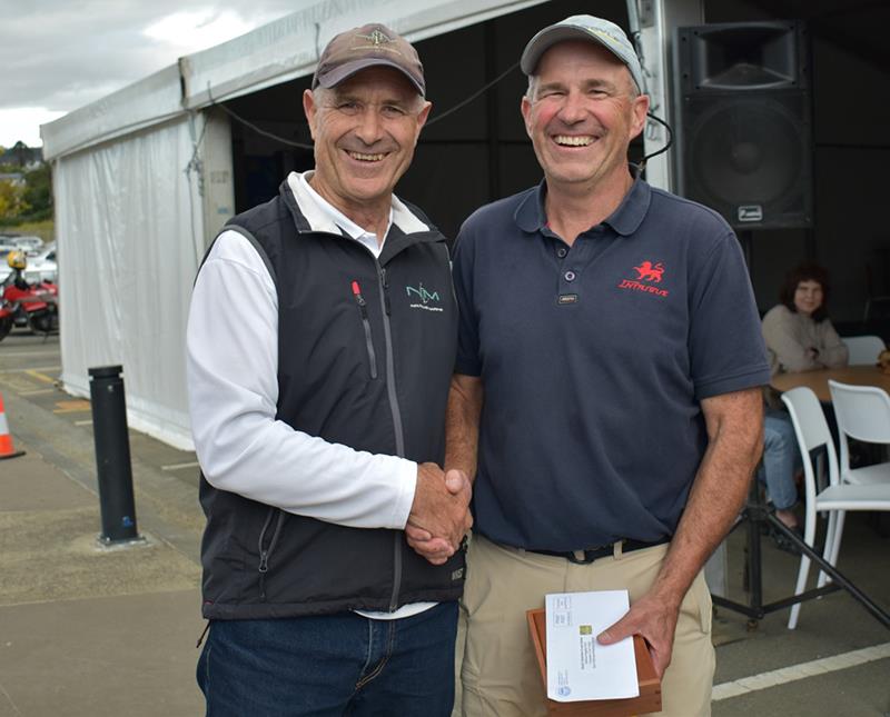 Banjo's Shoreline sponsor Gary Cripps presents Intrigue skipper, David Calvert with the Fergusson Trust Award - Banjo's Shoreline Crown Series Bellerive Regatta photo copyright Jane Austin taken at Bellerive Yacht Club