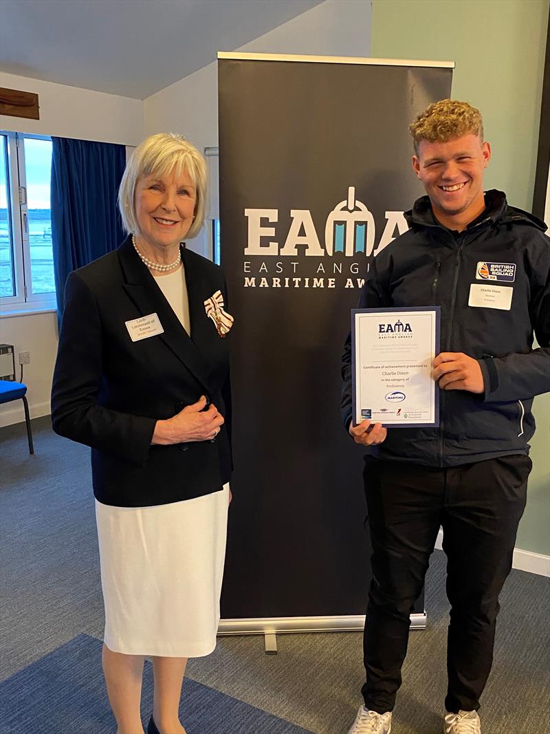 Jenny Tolhurst presents Charlie Dixon with an East Anglian Maritime Award photo copyright Claire Scott taken at Blackwater Sailing Club