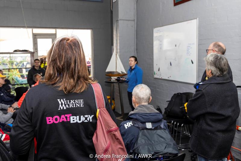 Lou Hutton hosting the race briefing this morning - Australian Women's Keelboat Regatta 2024 photo copyright Andrea Francolini, AWKR taken at Royal Melbourne Yacht Squadron