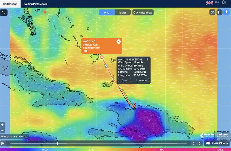 Weather Routing thunderstorm, CAPE Map, with warning - photo © Predictwind.com