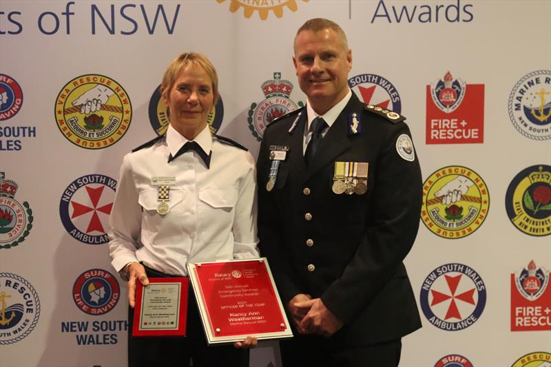 MRNSW Officer of the Year Eden volunteer Nancy Weatherman with MRNSW Commissioner Alex Barrell - photo © Marine Rescue NSW