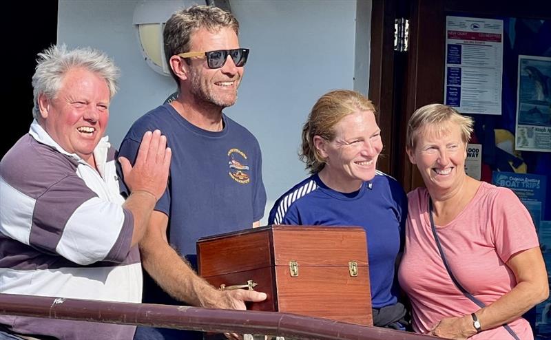 Cardigan Bay Regatta at New Quay: Overall winners, Brainstorm – Chris Seal (l) Roma Kearns and Debbie Johnson (Justin Davies gone to the bar!) - Melrose Trophy presented by Huw Williams (RNLI) - photo © Rees Tom Jones, Martyn Johnson, Fiona Lloyd Evans, Chris Seal