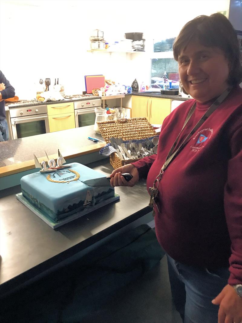 Broxbourne Centenary: Sarah Samiotis cutting the centenary cake - photo © Peter Selway