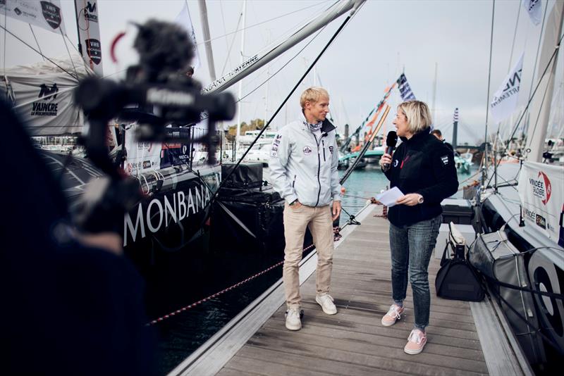 Maxime Sorel (FRA) is being interviewed by media during the Vendee Globe photo copyright Anne Beaugé / Alea / VG24 taken at 