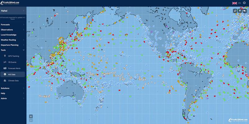 Keryn McMaster said, 'This image shows how many PredictWind boats we're tracking worldwide via GPS. The white dots with the blue sail are all the PredictWind boats we track daily. The others are AIS targets. Pretty amazing!' - photo © PredictWind