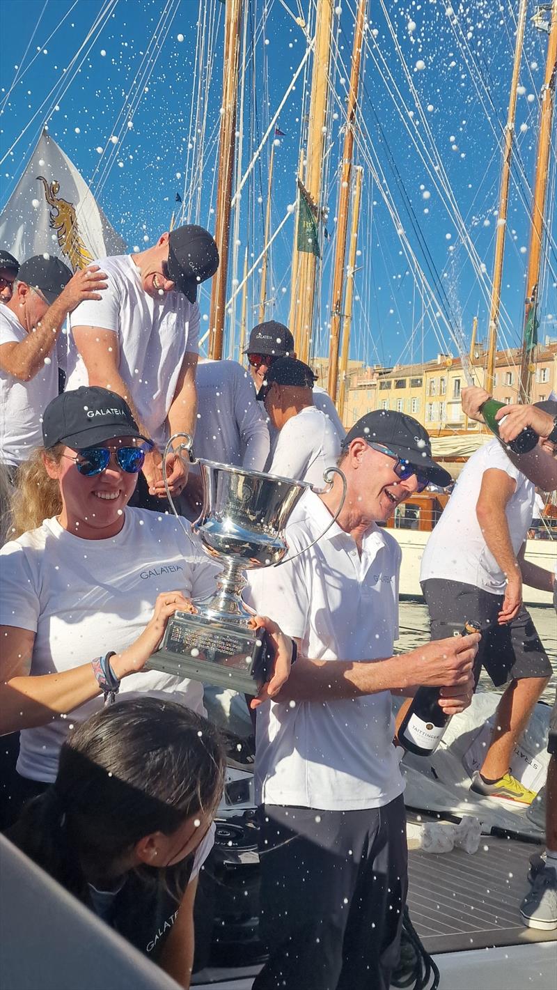 Champagne flies as Chris and Lizz Flowers are presented with the IMA Mediterranean Maxi Inshore Challenge trophy in Saint-Tropez - photo © IMA