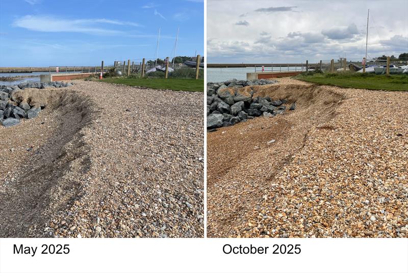 Flood defences at Soldiers' Point - May 2025 compared to October 2025 - photo © Shoreham SC