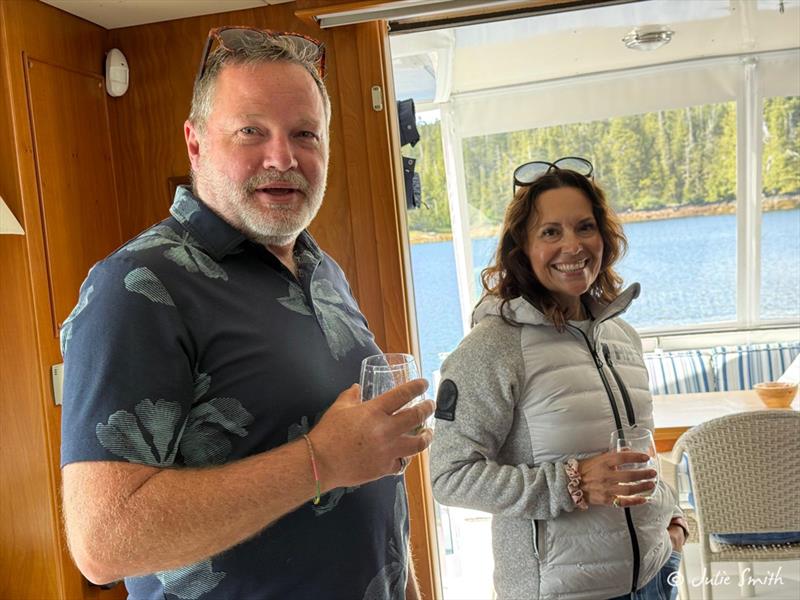 Brian and Adrianne (Fleming Evenstar) during the happy hour celebration aboard True Grit - photo © Craig Morris