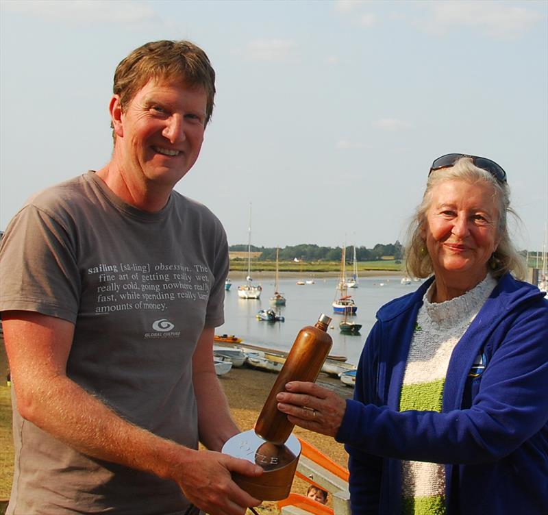 Waldringfield Bottle Boat Championship - Bernard Kufluk receiving his BOTTLE boat Championship Trophy from Celia photo copyright Linda Price taken at Waldringfield Sailing Club and featuring the Model Yachting class