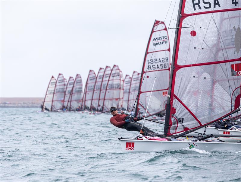 Start line on day 1 of the ACO 13th Musto Skiff 2024 Worlds at the WPNSA photo copyright Michael Oliver taken at Weymouth & Portland Sailing Academy and featuring the Musto Skiff class