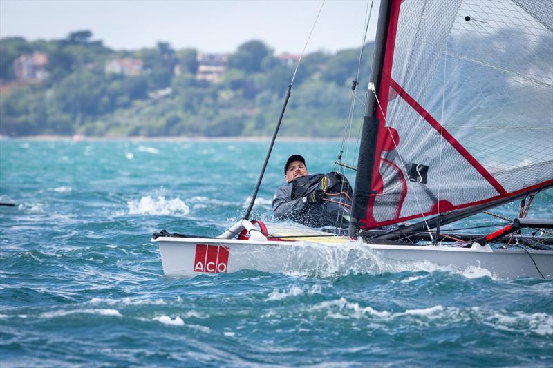 Dan Trotter on day 2 of the ACO 13th Musto Skiff 2024 Worlds at the WPNSA photo copyright Michael Oliver taken at Weymouth & Portland Sailing Academy and featuring the Musto Skiff class