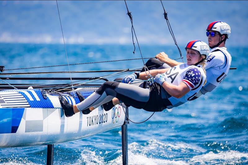 Anna Weis and Riley Gibbs racing on the Nacra 17 in Tokyo photo copyright Sailing Energy / U.S. Sailing taken at  and featuring the Nacra 17 class
